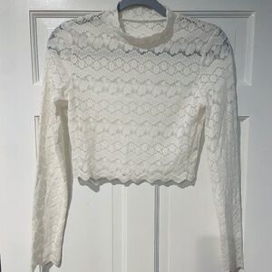 Lace Mock Neck Long Sleeve Scallop Trim Crop Top – White – Size Small